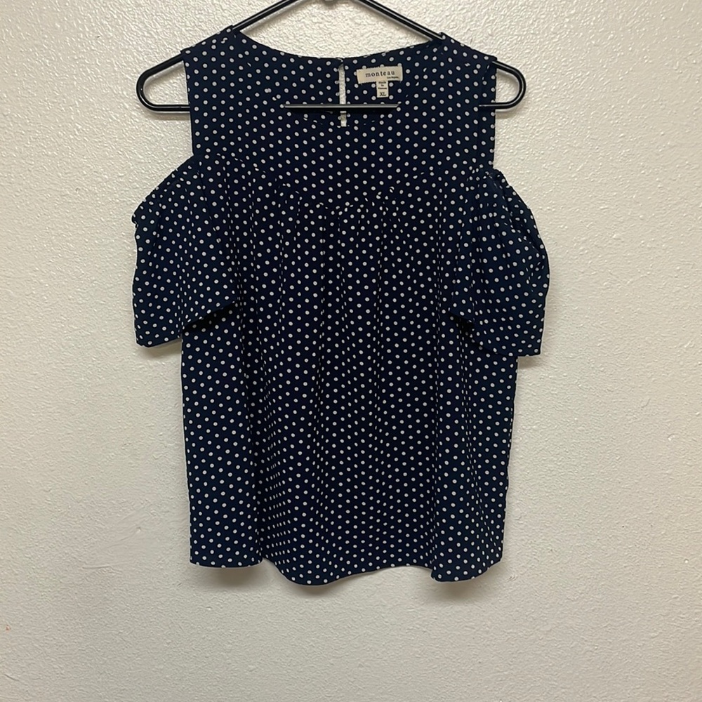 Off the shoulder blue poka dot blouse